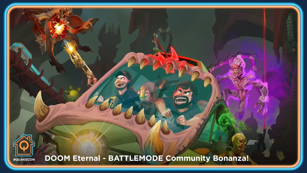 Art of Hugo Martin and Joshua Boyle driving the MancuBUS, framed by the neon QuakeCon 2021 border.