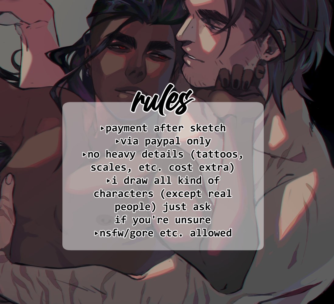 hey there, i wanted to open up commissions and since my washing machine broke today, perfect timing! 😂

i won't accept that many for now, because i have surgery soon and don't want anyone to wait too long <3

like always, i also gladly accept nsfw comms 👀 just dm me! 