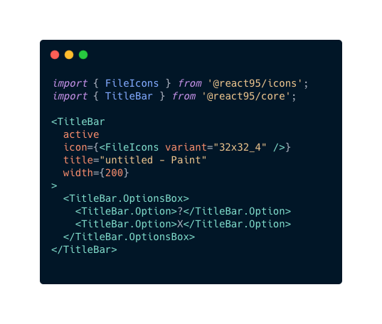 React95lib's tweet photo. You can now use the TitleBar separately if you want!

#react #reactjs #react95 https://t.co/Cs1D1fzRnv