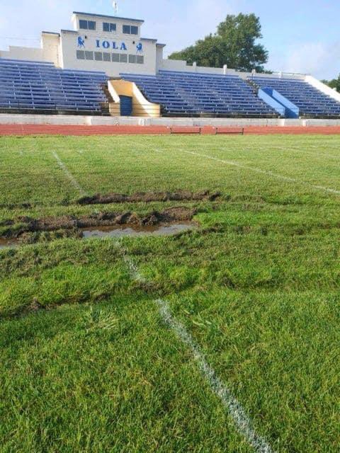 EasternKSSports's tweet photo. This is the condition of Iola high schools football field Saturday morning after someone vandalized it. If you have any information as to who is responsible for vandalizing the field, you are encouraged to contact the Iola police department. (📸 courtesy Robie Fountain) https://t.co/Axc5sBDSUq