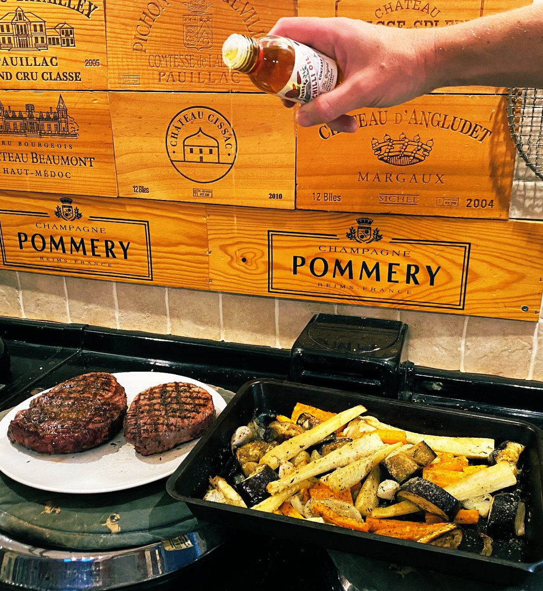 Loving <a href="/banhoekchillio1/">Banhoek Chilli Oil Company</a> Delicious on steaks and roasted veg 😋 With a glass of <a href="/PommeryOfficial/">Champagne Pommery</a> beforehand of course🥂 <a href="/katieannlamb/">katie ann lamb</a> <a href="/AllanLamb294/">Allan Lamb</a>