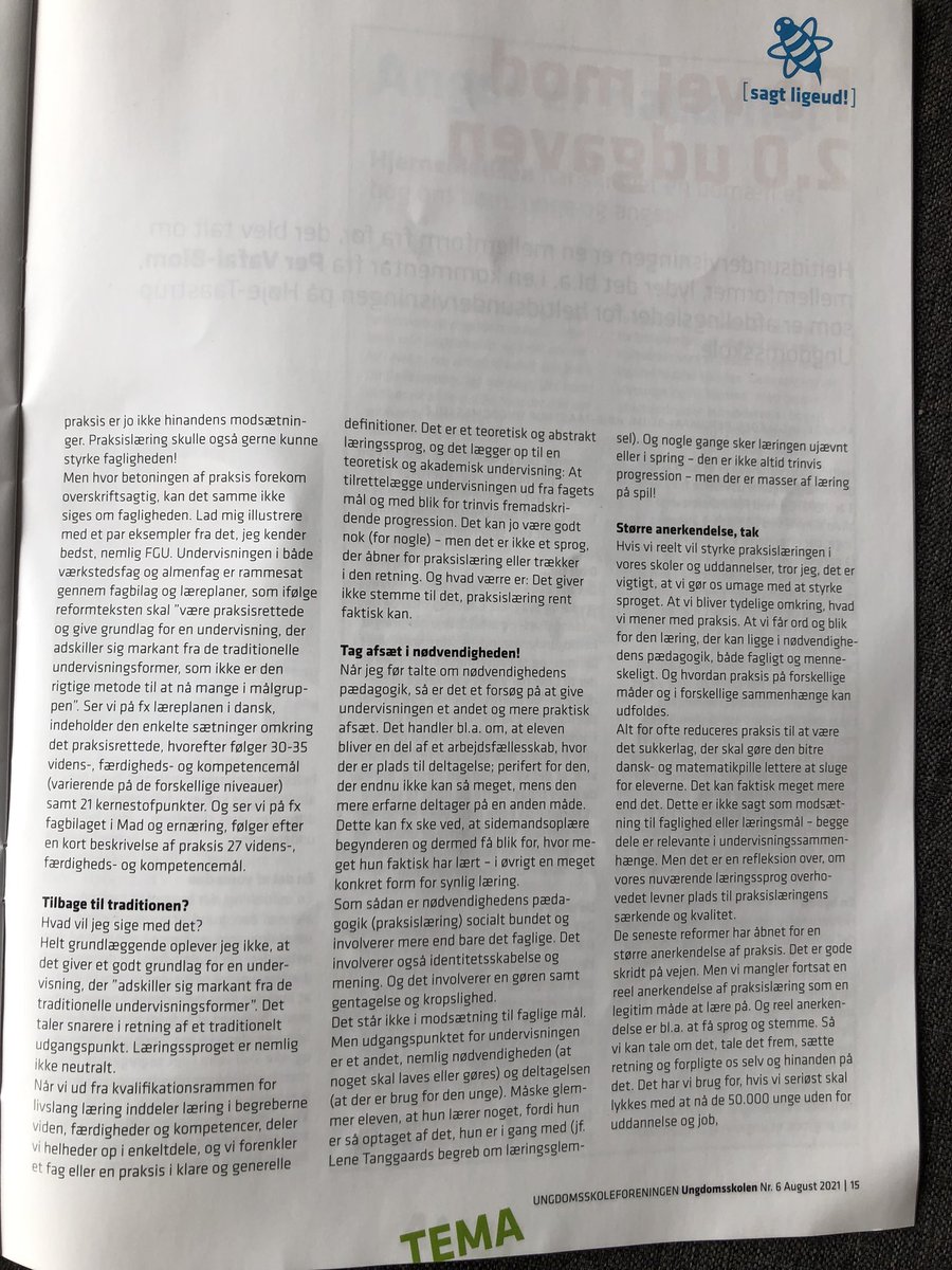 MBjergs's tweet photo. ‘For nogle børn er vores skole blevet alt for akademisk’ (citat: Mette Frederiksen). Jeg er enig! 
Men hvorfor er det sådan, når vi i årevis har talt om mere praksis i vores skoler? 

Jeg giver et bud i denne kronik i Ungdomsskolen.

#uddpol #praksislæring #ungdomsskolen #fgu https://t.co/QYwWnzqB4c