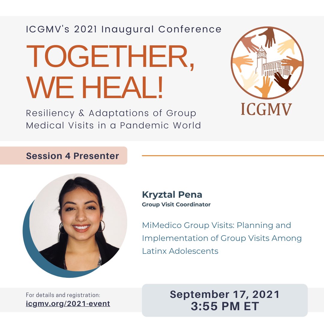 KryztalPena's tweet photo. Its been a while #medtwitter but Im happy to share a recent success! Iβll be presenting on some awesome work Ive done at MiMedico Clinic at Harvards Group Visit conference! #icgmv2021 #groupvisits #latinxresearch #latinasinmedicine #futurephysicianscientist https://t.co/XpFyXxtHhb