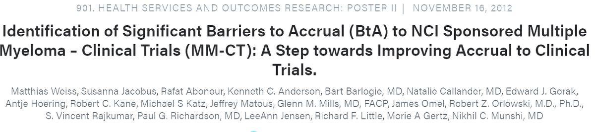 mtmdphd's tweet photo. ID Signif Barriers 2 Accrual 2 @theNCI MM #ClinicalTrials - @mweissmdphd et al. @SJ_OncBiostats @nsc_natalie @EdwardGorak @MileHighMyeloma @IMFjimMYELOMA @Myeloma_Doc @VincentRK @MorieGertz Munshi et al. #ASH12 Abst 3165 https://t.co/i4zO7ktqHJ #mmsm https://t.co/ws02PjfUKI