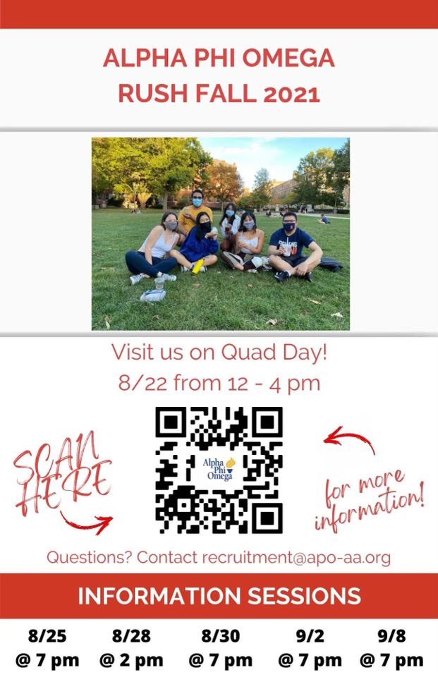Alpha Phi Omega will be at Quad Day this Sunday (August 22nd) from 12-4 PM. Scan the QR code to learn more! Information sessions will be held throughout late August to early September.