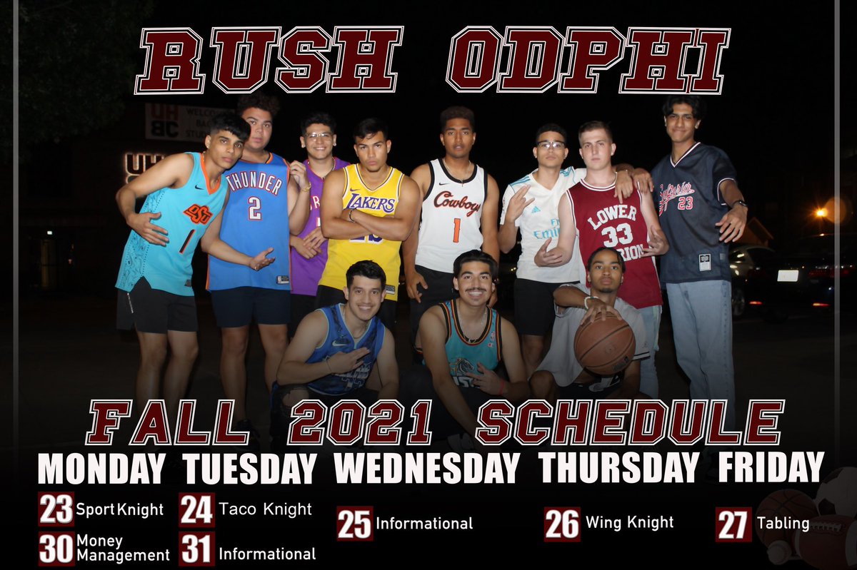 The Beta Nu Season has arrived. 👏🏼 Check out our rush schedule starting on monday with our Sports Knight. ⚔️

For more information contact a bro or message our rush coordinator, German Arroyo. 
(405) 510-1766 or at german.arroyo@okstate.edu