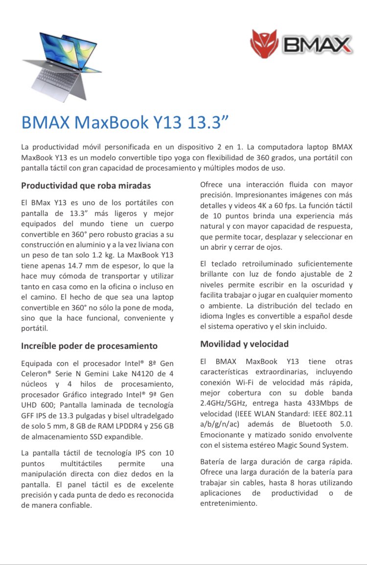 BmaxSv's tweet photo. @edrriq Para trabajo o estudio una laptop con Windows 10 ofrece muchas más posibilidades que un dispositivo equipado con Android. Ademas los diseños super delgados de BMax las hacen ultra portables. La BMax Y13 tiene una pantalla que gira 360* para usarla en modo tablet https://t.co/3jOuiPhyAv