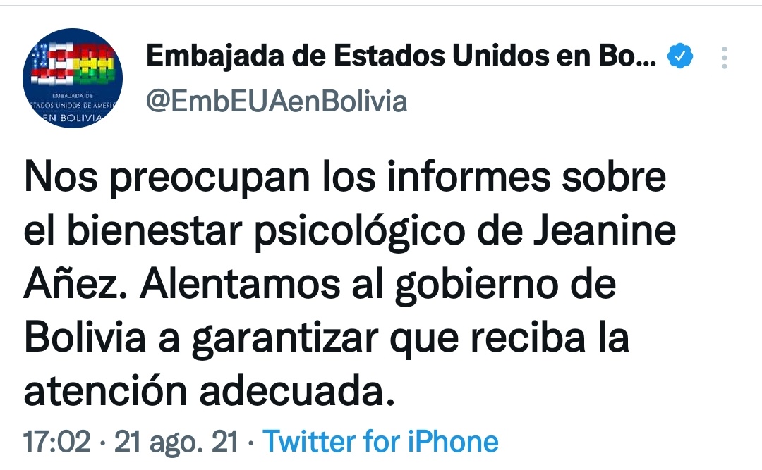 noticiasfides's tweet photo. #ANF La Embajada de Estados Unidos en #Bolivia pide al Gobierno garantizar el bienestar de la exmandataria @JeanineAnez, que intentó quitarse la vida está sábado en la cárcel de Miraflores. https://t.co/0fqyamVASv