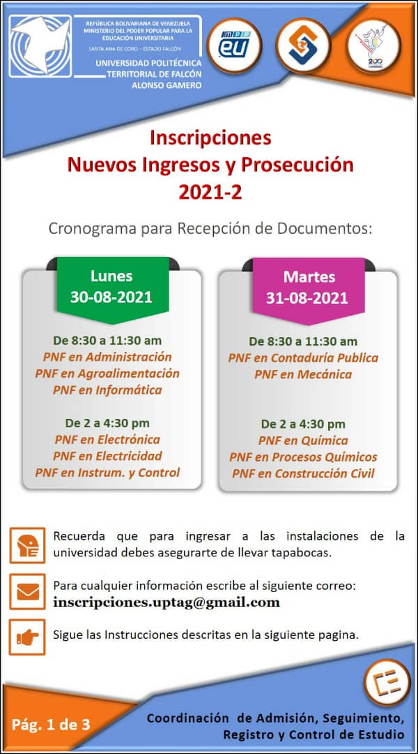 UPTAG_FALCON's tweet photo. #21AGO ¦ #UniversidadEnCasa

ATENCIÓN 📢
La #UPTAG informa sobre el proceso de inscripción Nuevo Ingreso Y Prosecución

#SomosUPTAG ♥️ https://t.co/fvypXoEHlV