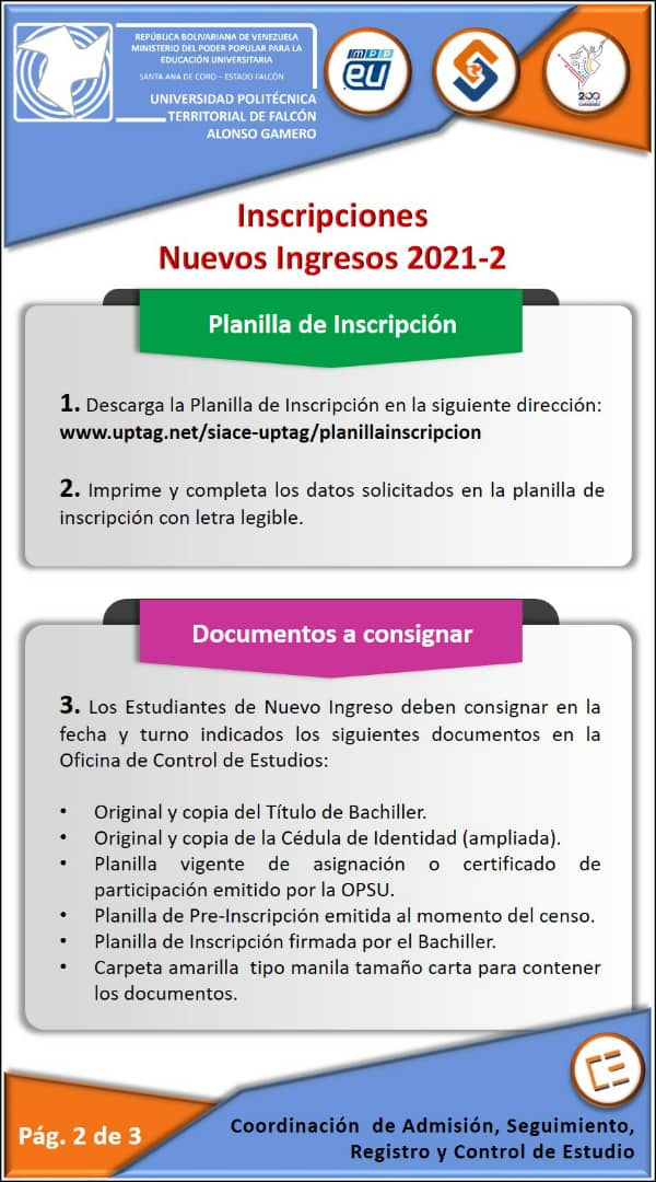 UPTAG_FALCON's tweet photo. #21AGO ¦ #UniversidadEnCasa

ATENCIÓN 📢
La #UPTAG informa sobre el proceso de inscripción Nuevo Ingreso Y Prosecución

#SomosUPTAG ♥️ https://t.co/fvypXoEHlV
