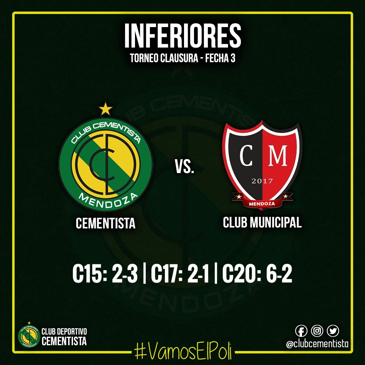 ClubCementista's tweet photo. #Inferiores | Cementista enfrentó a Club Municipal por la tercera fecha del torneo Clausura y logró triunfos en C17 y C20 y perdió en C15.
#VamosElPoli🔰 https://t.co/KoT36XpHaq
