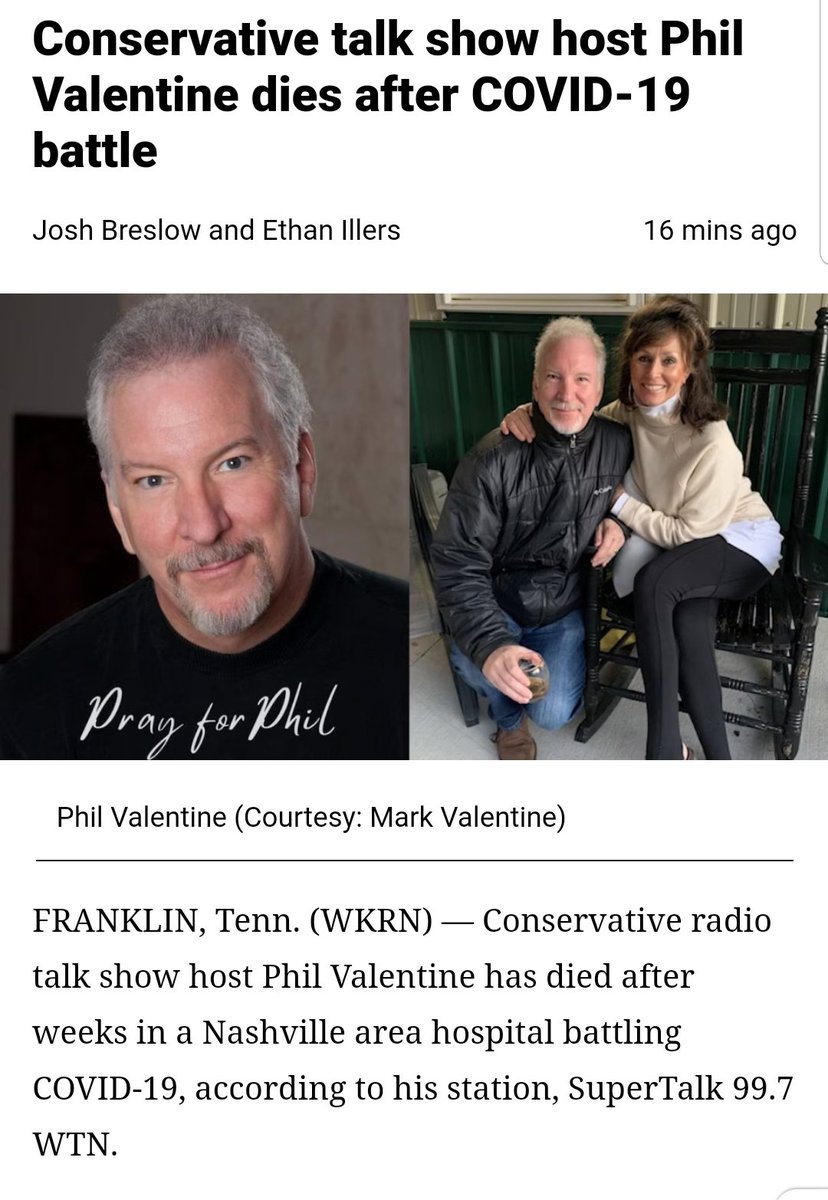 steinkobbe's tweet image. Right wing radio host Phil Valentine has died from COVID-19. His last two tweets are about vaccines being unsafe and you shouldn't wear a mask. First thing you see if you visit his website is about the "plandemic"