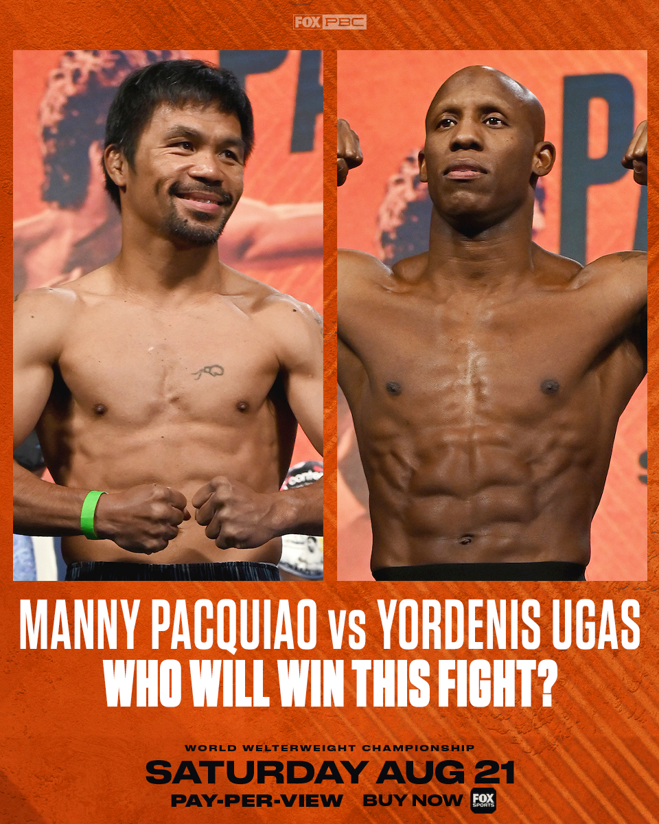 pFOXqvo6's tweet photo. Predictions for tonight: Who Ya Got?

RT - Manny Pacquiao 🇵🇭
LIKE - Yordenis Ugas 🇨🇺

#PacquiaoUgas | TONIGHT 9 PM ET | Buy PPV: https://t.co/fEC2fmzQbV https://t.co/oMELWgwGGC