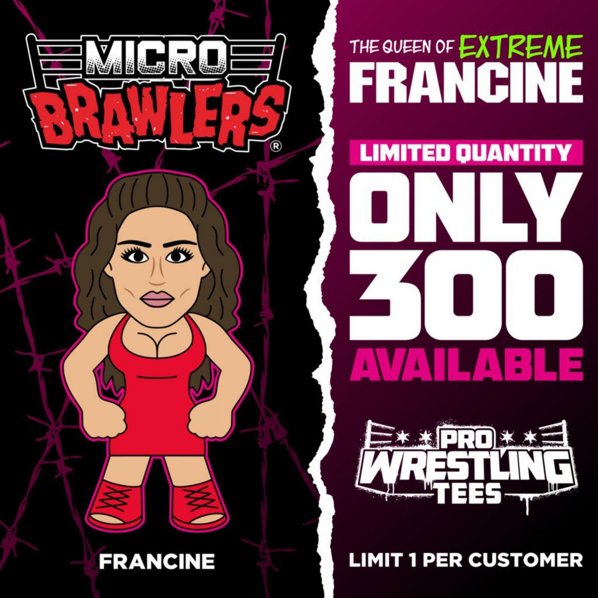 1 of 300 @PWTees Micro Brawlers @ECWDivaFrancine goes on sale this Monday at ProWrestlingTees.com/Francine!
#ScratchThatFigureItch