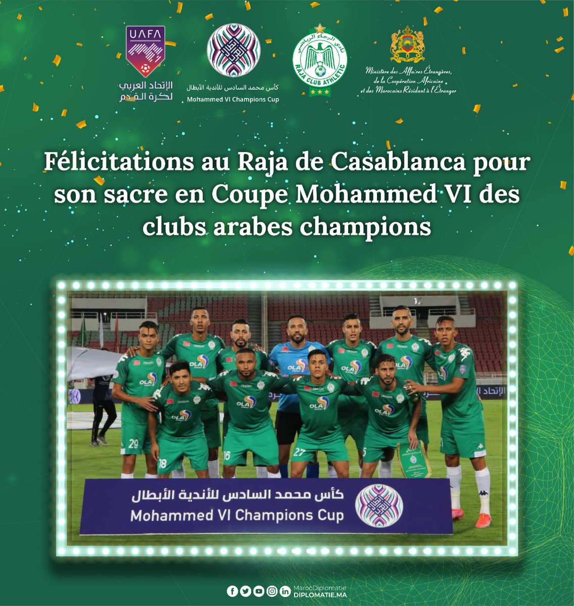 MarocDiplomatie's tweet photo. 🇲🇦🏆Félicitations au Raja de Casablanca pour son sacre en Coupe Mohammed VI des clubs arabes champions.
#CluboftheCentury🇲🇦 https://t.co/ETLX769wXh