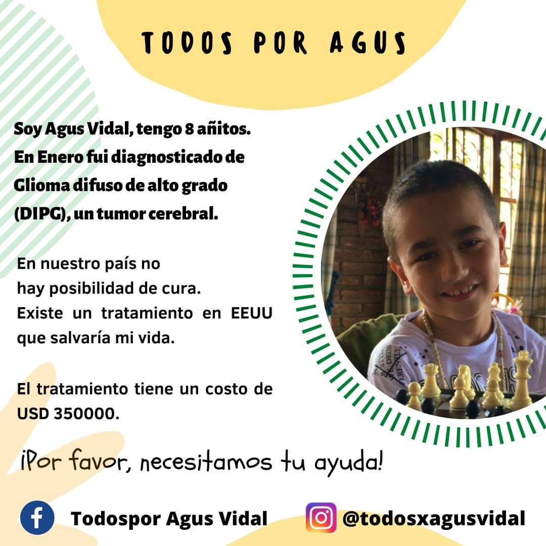 #AgustínVidal tiene 8 años y sufre un glioma difuso de grado cuatro, un tumor cerebral.
Está internado y sus padres encontraron un tratamiento en EEUU que podría salvarlo, pero tiene un costo de 350 mil US$. 
🙏🙏 Se agradecen RT y ayuda. #todosporagus