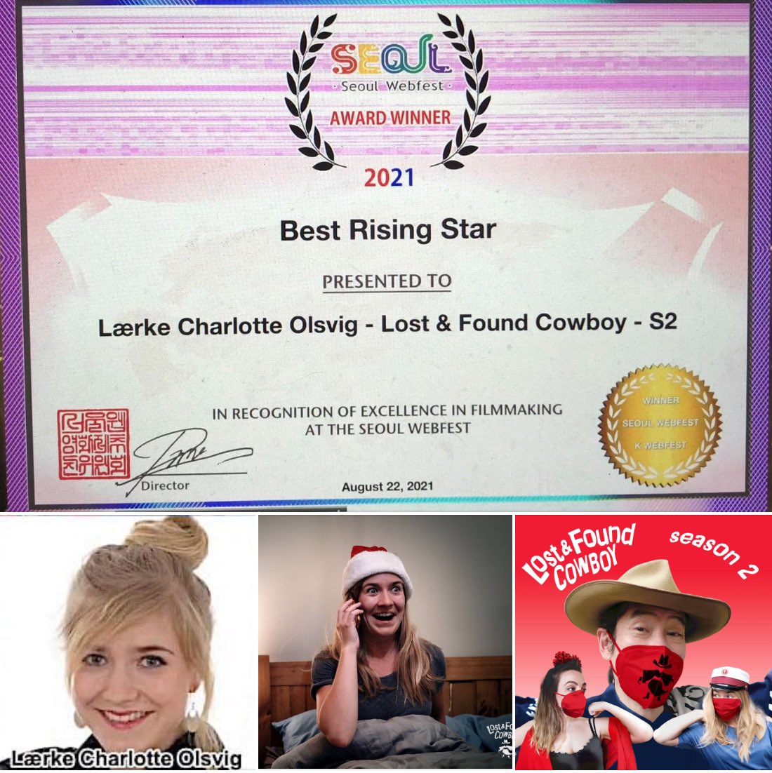 Congratulations <a href="/LaerkeOlsvig/">Laerke Charlotte Olsvig</a> for winning Best Rising at @seoulwebfest!  Congrats to our co-star <a href="/sta_delmar/">Xana del Mar</a>, our cast, crew, sponsors and supporters! 
#seoul #korea #festival #sketchcomedy
#award #actress #risingstar #filmmaker
#Danish #acting #UK
#lostfoundcowboy #yukatacowboy