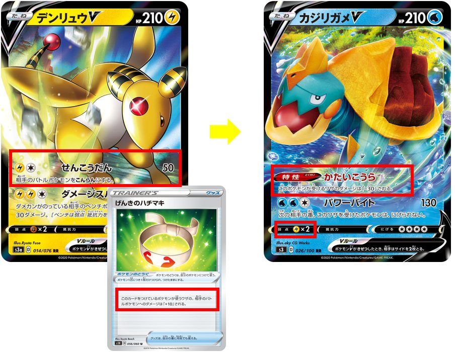 ポケカ通信 ポケカルール 情報発信 間違えやすいポケカルール ダメージの計算順 ワザのダメージ 攻撃側のポケモンにかかっている効果 弱点 抵抗力 攻撃を受けるポケモンにかかっている効果 げんきのハチマキを付けたデンリュウvのせんこうだんで