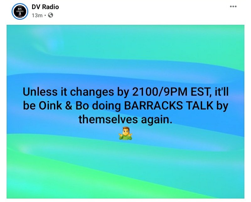 DV_DVRadio's tweet photo. #BARRACKSTALK is new and, as always, live beginning in just over an hour!

@ross_fight @SayScape @ArcticReaper3 @xx_Ozone_xx @ObjectiveZeroFd @Kbarsoapco @bottle_breacher @Freak_Tattooed @SgtWar @PoisonedPlumm

Listen/chat https://t.co/JlVBkhnTyf
@RadioKing app search "DV Radio". https://t.co/NpLtlAVC6K