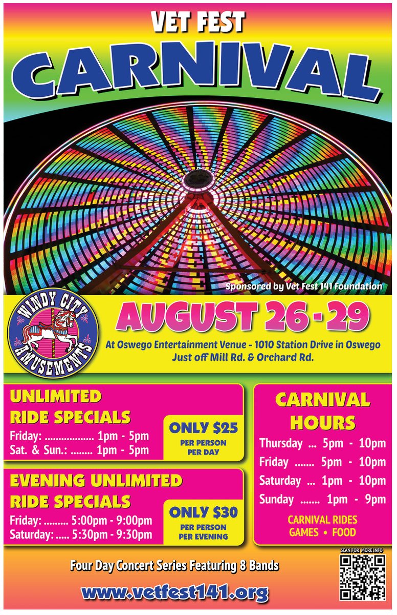 vetfest141's tweet photo. Hello Everyone! Here is the Carnival Hours and Info for #VetFest141 ~ Don't forget, our Honored Guests (Veterans, Active Military, Fire Dept, Police and Frontline Workers) ride FREE for the first hour each day

More info + Tickets to the Festival: https://t.co/Tvr80K8Q4J https://t.co/5Tg9UK5vKh