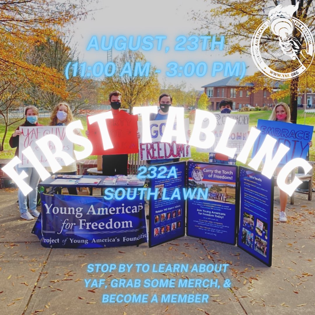 YAFatUVA's tweet photo. Stop by South Lawn this Monday, August 23rd, to get some more information from current members, grab some cool @yaf_ merch, and even become a member 👀!

#Pro2A #Pro1A #BacktheBlue https://t.co/9mjnQ9bxdX