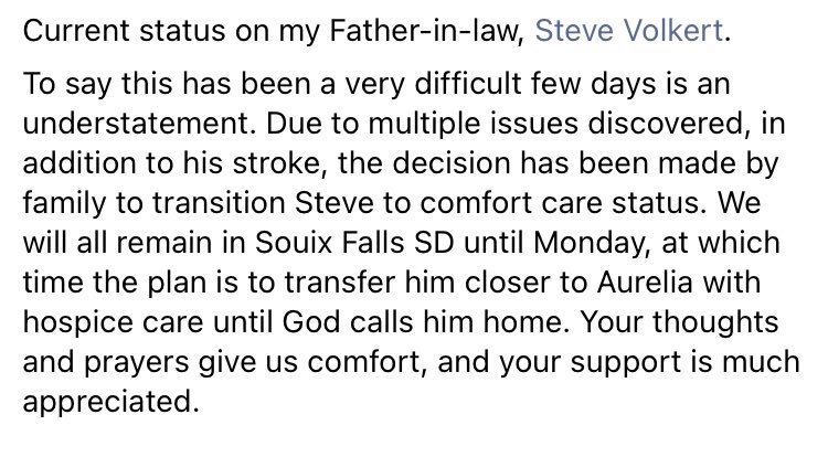 sonofafarmer's tweet photo. Not the update I was hoping to share regarding my dad, @volkert_steve. He knows you all are praying for him and it is much appreciated by the whole family. Take care all. Here’s the update my wife just posted to Facebook: https://t.co/7VlW3OMFxB