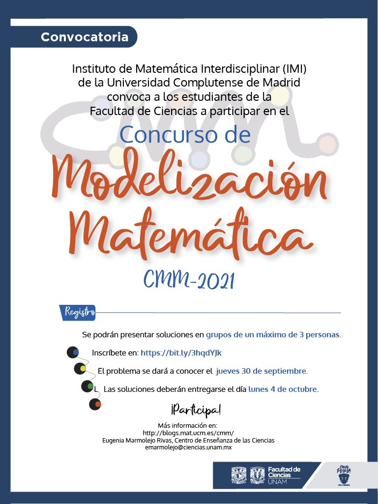 fciencias's tweet image. Recuerda que sigue abierta la #convocatoria para el curso de #Modelización #Matemática 
Da click 👉🏻 bit.ly/2We3w0u  y conoce los detalles ¡Participa!