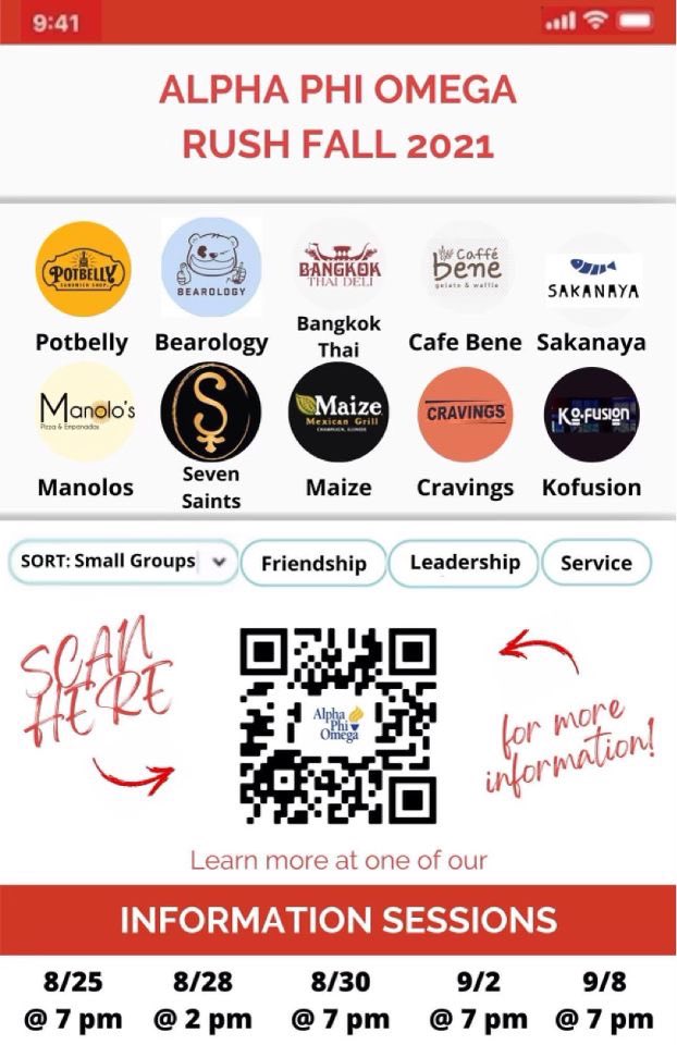Rush Alpha Phi Omega this fall. Come to one of the information sessions to learn more about joining. Scan the QR code to find out more information.

This year, the small groups will be named after restaurants near campus!