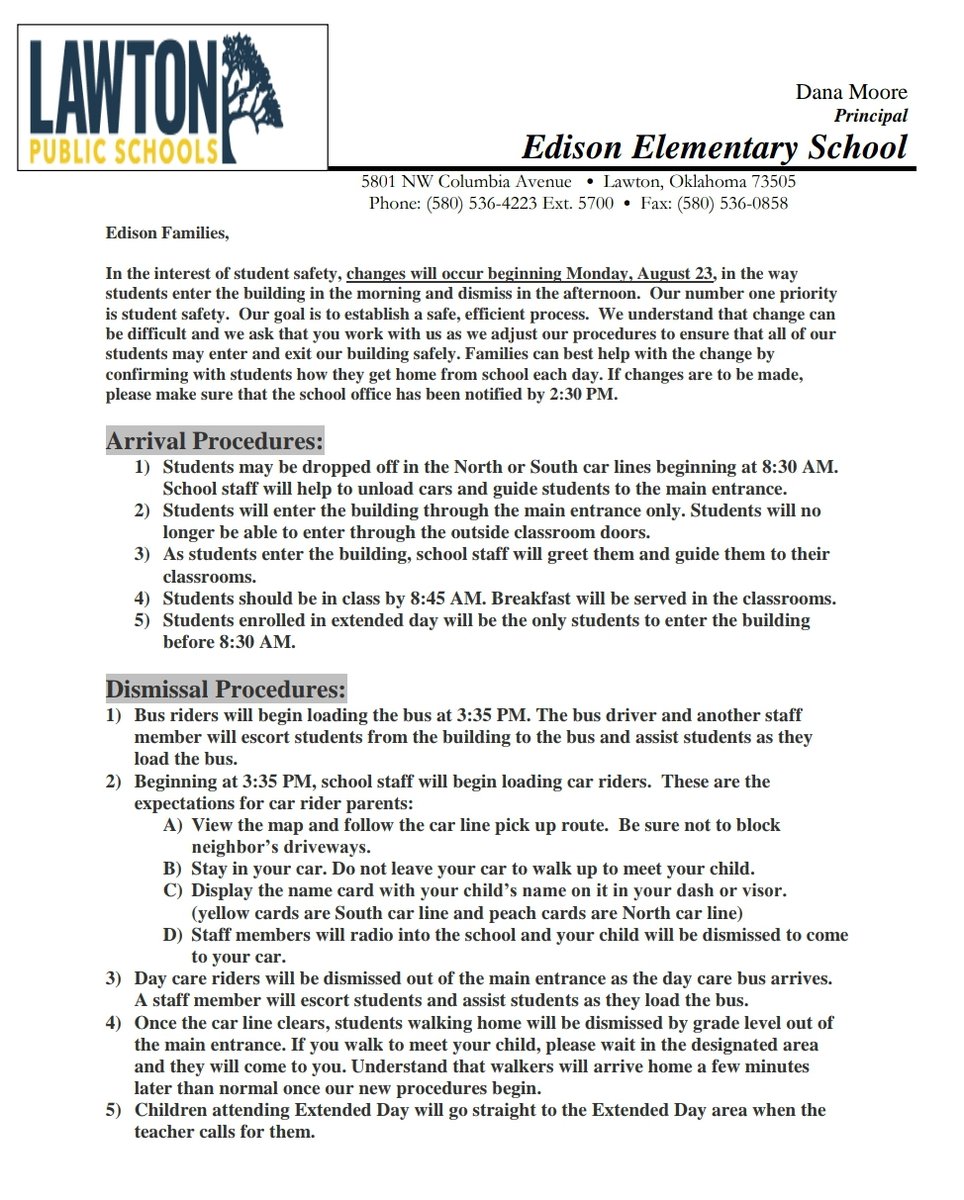 Pinkwarrior123's tweet photo. @ESuperhawks Just a reminder that updated arrival and dismissal procedures begin Monday, August 23rd. https://t.co/Et37HizHek