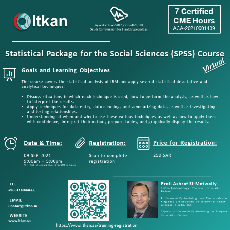 Itkan_SA's tweet photo. Register while you can for optimal knowledge and CME hours.

https://t.co/eYvp0UdkIC

- Biostatistics Virtual Course
- Statistical Package for the Social Sciences (SPSS) Course
- Epidemiology and Study Designs Course

#CME #CMEhours  #Medical #biostatistics #SPSS #epidemiology https://t.co/YlNkAu4zPK
