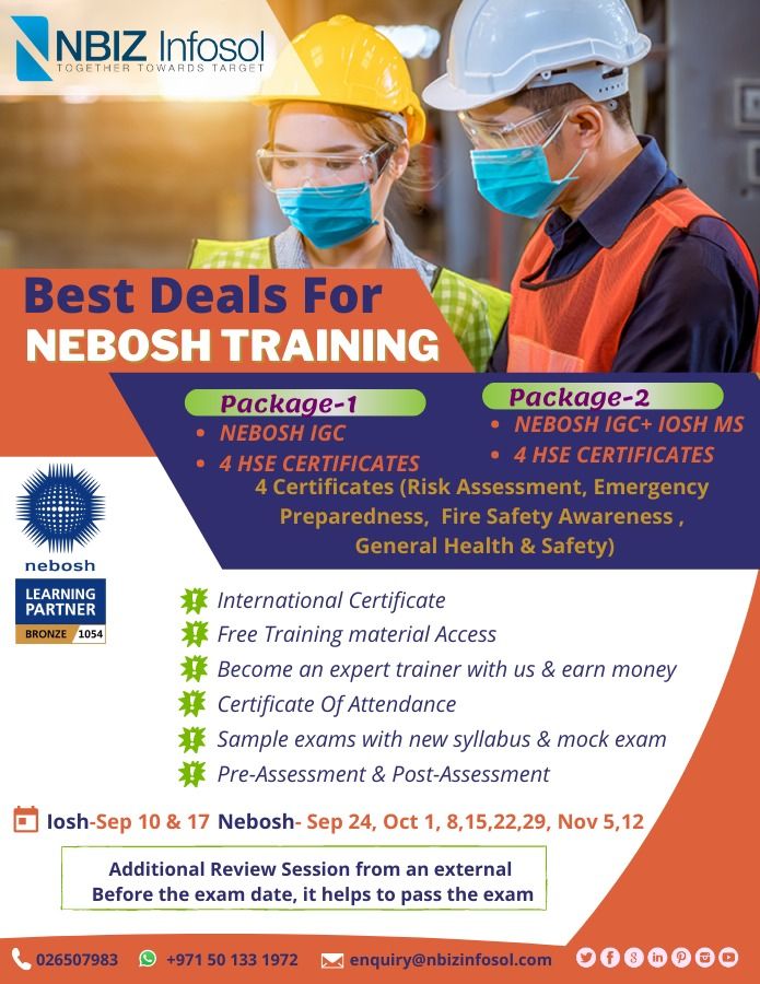 Join to Our upcoming NEBOSH Training ..!!! ✔️Affordable Fees ✔️International Certificate ✔️Pre-Assessment & Post-Assessment For More Info - Nebosh IGC: nbizinfosol.com/health-and-saf… IOSH: nbizinfosol.com/health-and-saf… 📞026507983, 📲+971 50 133 1972 ,✉️ enquiry@nbizinfosol.com