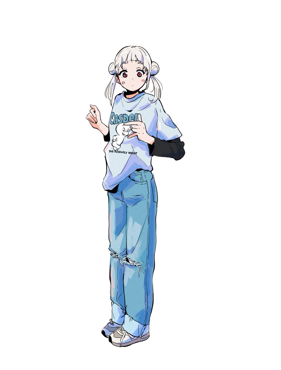 1girl solo double bun pants white hair torn pants shirt  illustration images