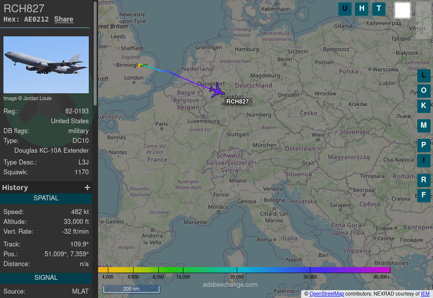 TheIntelFrog's tweet photo. KC-10A Extender #AE0212 as RCH827 southeast bound over Germany.
The RCH827 callsign indicates this will become part of #OpAlliesRefuge
#KabulAirlift #Planespotting #AvGeek #MilAir https://t.co/jcSFQMI9Eo
