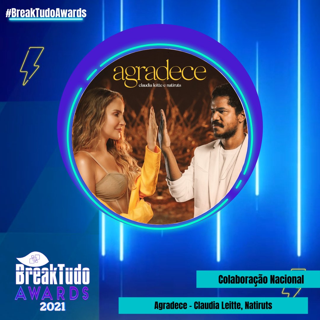 breaktudoawards's tweet photo. "Agradece" de Claudia Leitte e Natiruts está indicada a Colaboração Nacional no BreakTudo Awards 2021🏆. Votações no site até dia 30/09. 

🔗 https://t.co/XiXLvMhESr #BreakTudoAwards #ClaudiaLeitte #Natiruts https://t.co/K0oeIWXanL