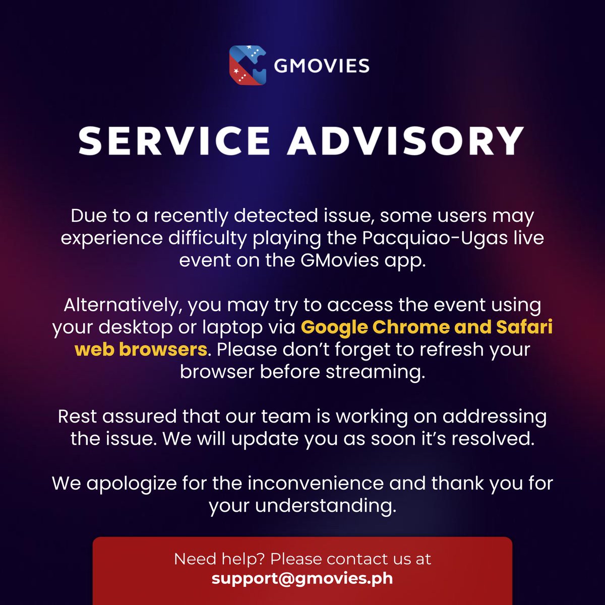 GMoviesApp's tweet photo. Weโre very sorry for the difficulty in streaming the live event at the moment. The GMovies team is now looking into it and we will keep you updated on the developments. In the meantime, please use the Google Chrome & Safari web browsers to stream the boxing match. Thank you! https://t.co/gBaXxAnc8T