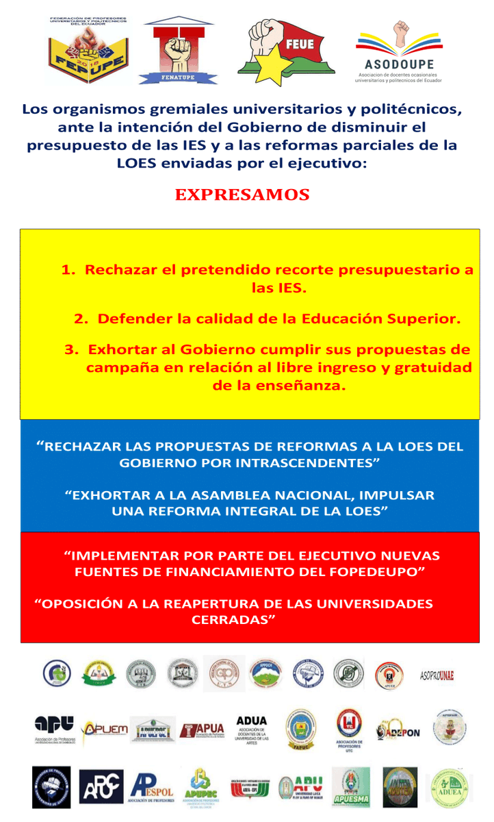 Rechazo a disminución del presupuesto de las IES y a las reformas parciales de la LOES
<a href="/AsambleaEcuador/">Asamblea Nacional</a> <a href="/ASESEC1/">Asamblea del Sistema de Educación Superior</a> <a href="/LassoGuillermo/">Guillermo Lasso</a> <a href="/ManuelMedinaQ/">Manuel Medina</a> <a href="/UTEoficial/">Universidad UTE</a> <a href="/lacentralec/">Universidad Central del Ecuador</a> <a href="/UNLoficial/">Universidad Nacional de Loja</a> @apua_uta <a href="/EcAdepon/">adepon_ec</a> <a href="/APESPOL/">APESPOL</a> <a href="/victorvh120/">victorvh120</a> <a href="/AsoADUA/">ADUA</a> <a href="/RegimenEconomAN/">Comisión Régimen Económico</a> <a href="/Ed_Superior/">Educación Superior</a> <a href="/FEUEnac_Ecuador/">FEUE NACIONAL</a>