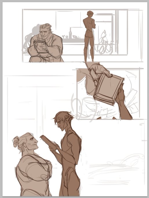 put some rough lines down for the first page of my Fenris/Varric comic! Now, onto making quick, unreadable backgrounds ;D #dragonage 