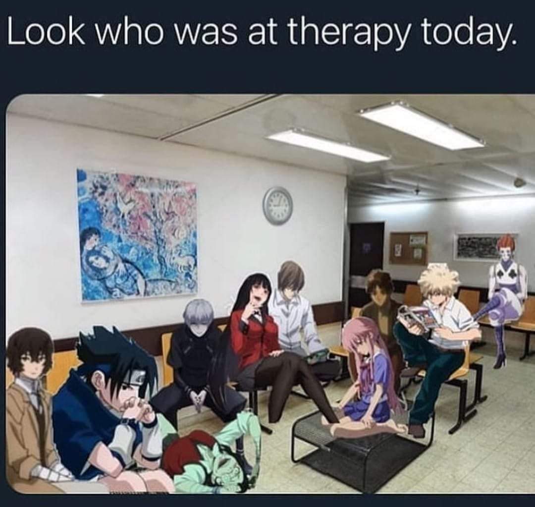 JasmineTheLCSW's tweet photo. I would be so geked if this was my therapy lobby... Be like come on sauske let's do some emdr for that family all being murdered trauma you have.

#therapymood #anime https://t.co/AhGACArjdY
