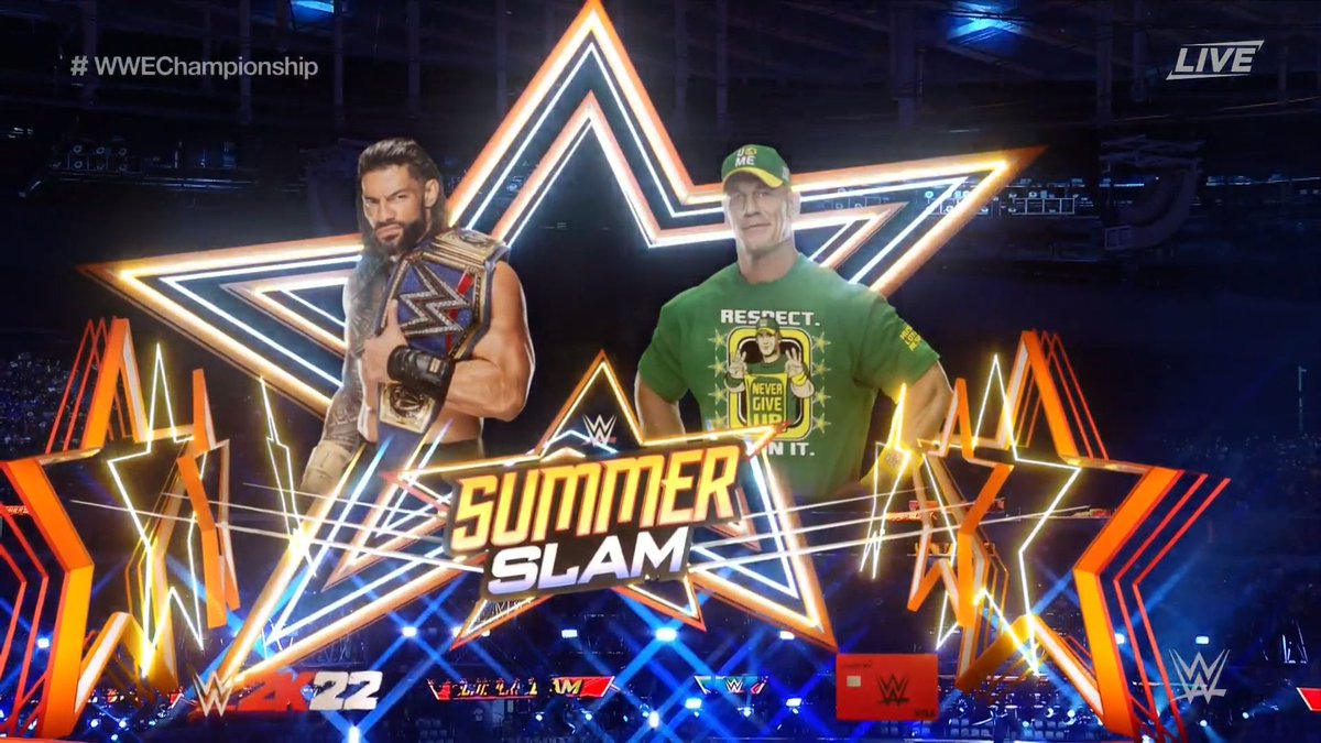 WWENetwork's tweet image. The wait is over.

@WWERomanReigns defends his #UniversalChampionship against @JohnCena in one of the biggest #SummerSlam matches EVER!

🦚 pck.tv/3meGWQd
🌎 WWENetwork.com