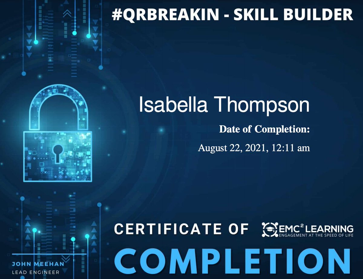 missiothompson's tweet photo. Completed my first #emc2learning course on #QRBreakIN with @MeehanEDU ! Loved the self paced nature with questions at the end of each segment.
Added to my 'to make' list ☑︎
Despite what the certificate says I was not up late completing this #DifferentTimeZone #ItsTheFuture https://t.co/GUxWS8onkC