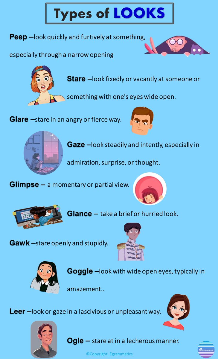 egrammatics's tweet image. Your Eyes👀can give a thousand expressions!!

🤨😏😑😃😟🥺😆

And here is a list of some of the words describing those expressions.👁️

Enjoy learning!!😊😊

 #English #Vocabulary #Grammar #IELTS