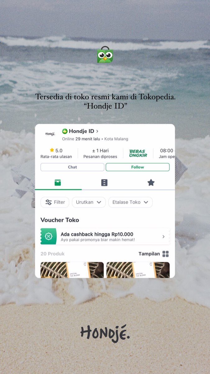 Yang mau ngeteh dengan banyak varian, Hondjé aja! Bisa siap minum atau beli teh celupnya terus ngeteh cantik sendiri di rumah ☺️

💰 3.500 - 33.000
🏡 Jl. Wijaya Kusuma No. 5 Malang
📱 Tokopedia: Hondje ID
linktr.ee/hondjeid

#pasarmingguinfomalang <a href="/infomalang/">Info Malang</a>