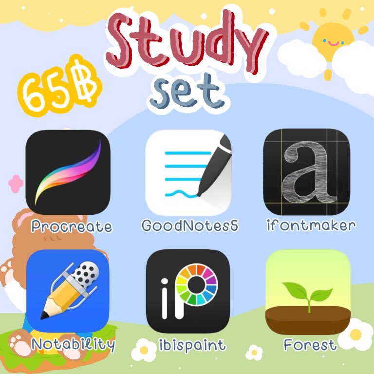 Onlyhappyapp's tweet photo. 🍄♡☀️Study Set•ꕤ🍋

— set ละ 65฿ (สามารถซื้อแยกได้)
—แอพแท้ อัพเดตฟรี

🖇สอบถาม/สั่งซื้อทักไลน์ได้เลยงับ
(ร้านหลักส่งเอง รีวิวเพียบ)
#แอพไอแพดควรมี #แอพดีบอกต่อ #แอพเพื่อการศึกษา #แอพios #procreate #goodnotes5 #ifontmaker #ibispaint https://t.co/KFH5grkxkK