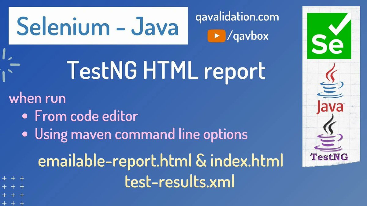 qavalidation's tweet image. #qavbox #qavalidation #selenium 
youtu.be/HoJ3wD7AB1Y
Generate Html report after running testNg test methods from code editor, testng.xml or using maven command line options..
Surefire reports..
Subscribe n share!