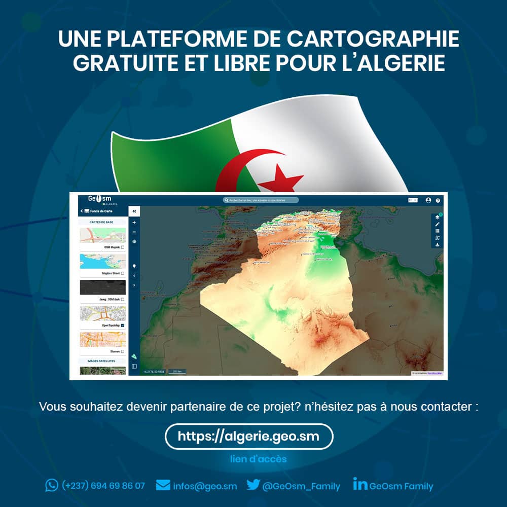 Link: algerie.geo.sm

Il y a du nouveau en Algérie !!!  Un portail cartographique national libre et gratuit basé sur les données OpenStreetMap, et ça change tout !
Le code source de GeOsm est libre ce qui va permettre la réalisation de projets collaboratifs,