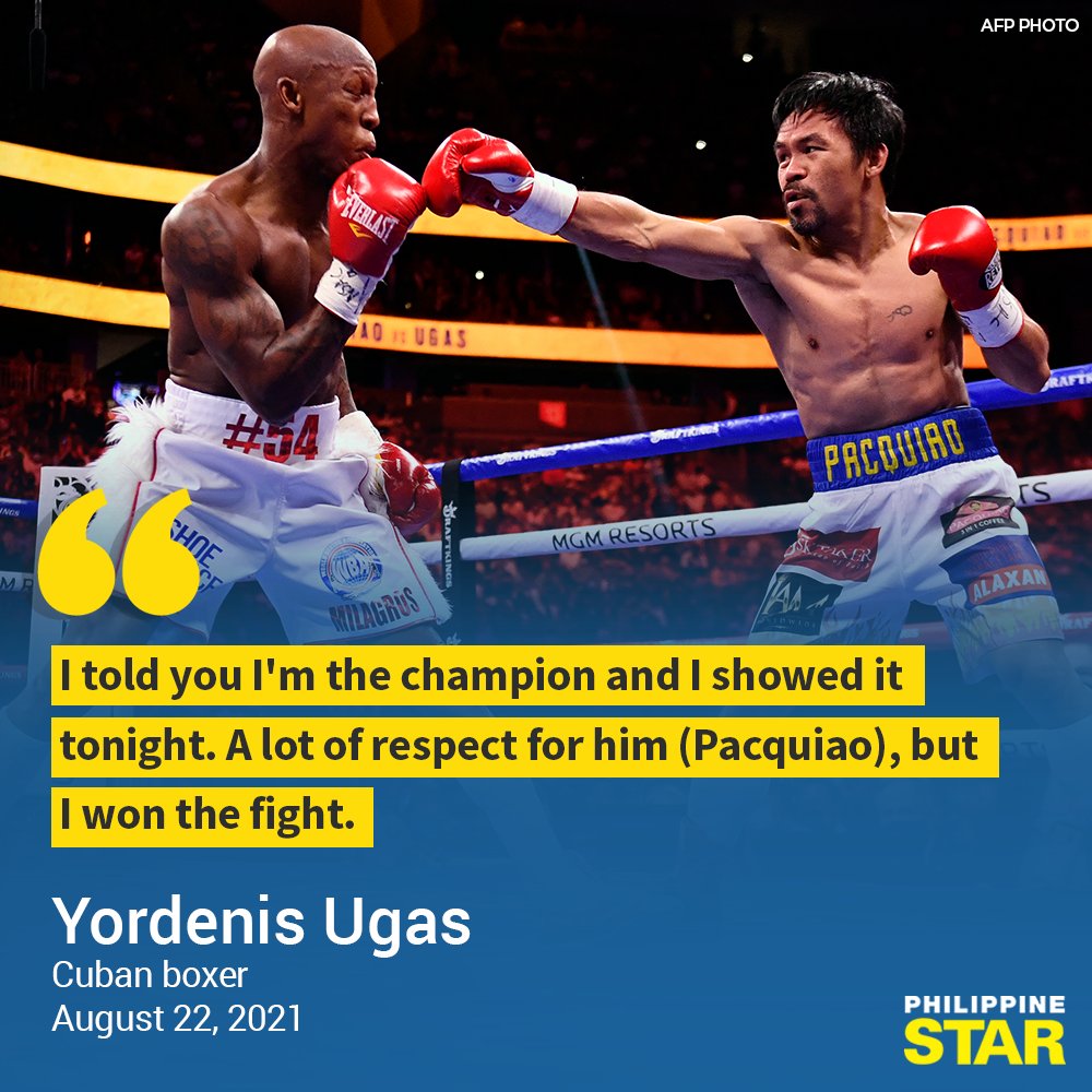 'I WON THE FIGHT'

'The Olympian' Cuban boxer Yordenis Ugas proudly announced Sunday he defeated 'The Legend'  Manny Pacquiao and defended his WBA super welterweight title.
