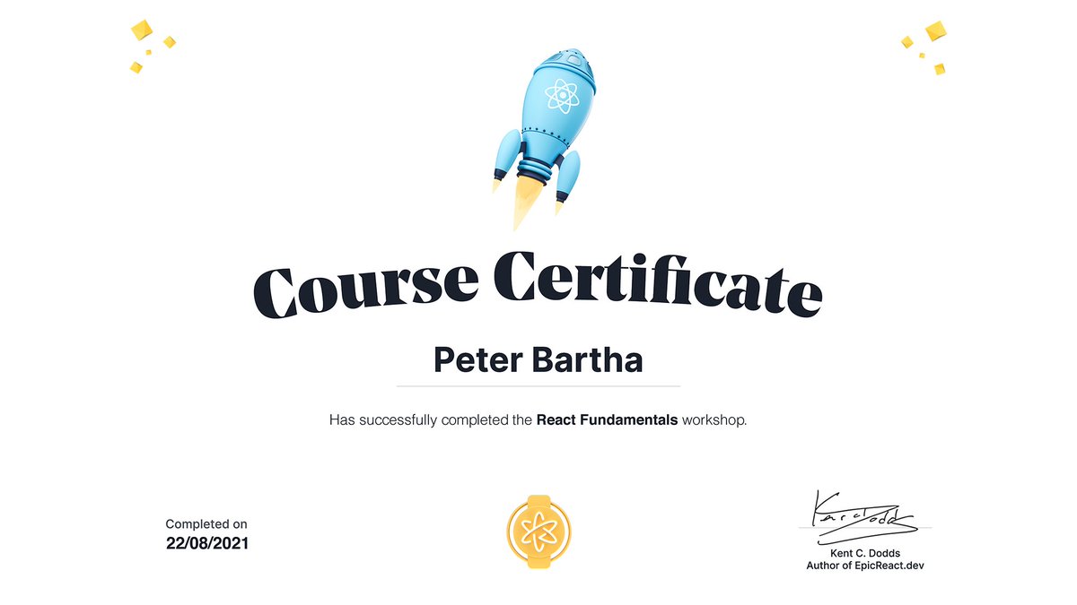 Peter Bartha (@pbartha7) on Twitter photo The first module taught me some core concepts and the fundamentals of React. I read through all of the recommended materials too. <a href="/kentcdodds/">Kent C. Dodds ⚡</a>, I can't wait to see the rest of your workshop!🤩
Highly recommend this course!🚀 #EpicReact
epicreact.dev The first module taught me some core concepts and the fundamentals of React. I read through all of the recommended materials too. <a href="/kentcdodds/">Kent C. Dodds ⚡</a>, I can't wait to see the rest of your workshop!🤩
Highly recommend this course!🚀 #EpicReact
epicreact.dev