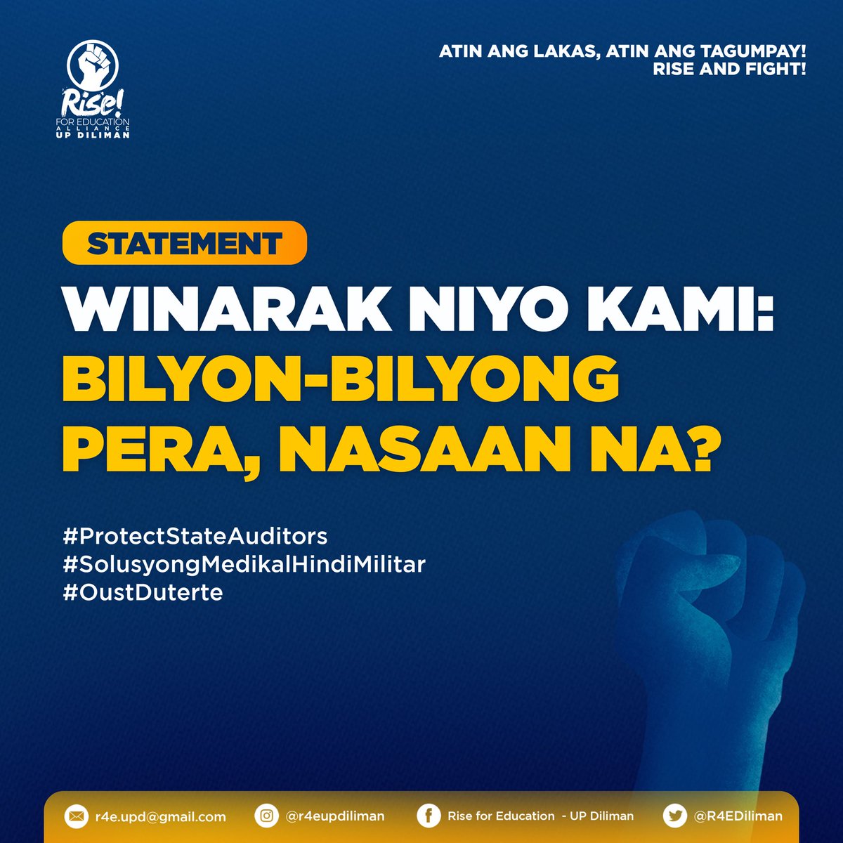 R4EDiliman's tweet photo. WINARAK NIYO KAMI: BILYON-BILYONG PERA, NASAAN NA?
Pinapanawagan namin ang mga ahensyang nasangkot na magpaliwanag at managot nang naaayon sa batas. Marapat ding siguraduhin ang seguridad ng state auditors na ngayo'y pinapatawan na ng mga alegasyon ng rehimen.
#RiseAndFight https://t.co/K1AGhQz7ju
