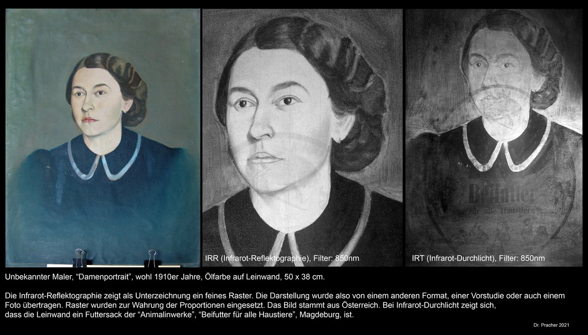DrMartinPracher's tweet image. “Damenportrait”, wohl 1910er, Öl/Lw, 50x 38cm.  #IRR zeigt als Unterzeichnung ein feines Raster. Darst. wurde also von einem anderen Format übertragen. #IRT zeigt, dass die Lw ein Futtersack der “Animalinwerke”, “Beifutter für alle Haustiere”, Magdeburg, ist. #TechnicalArtHistory