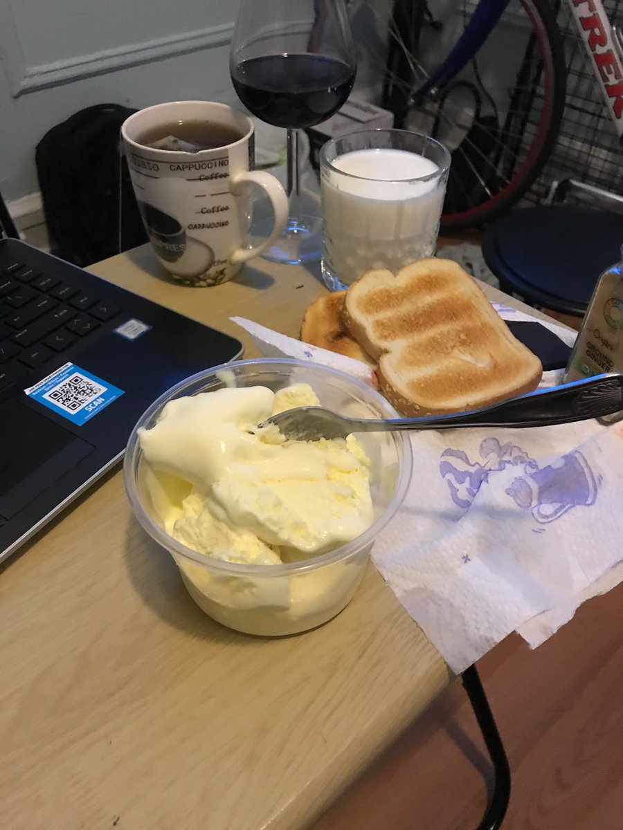 French vanilla rich cold ice cream, Soft buttery toast, a piece of dark chocatle, hot periment tea, a cold glass of milk, and a warm glass of red wine. #foodgasm